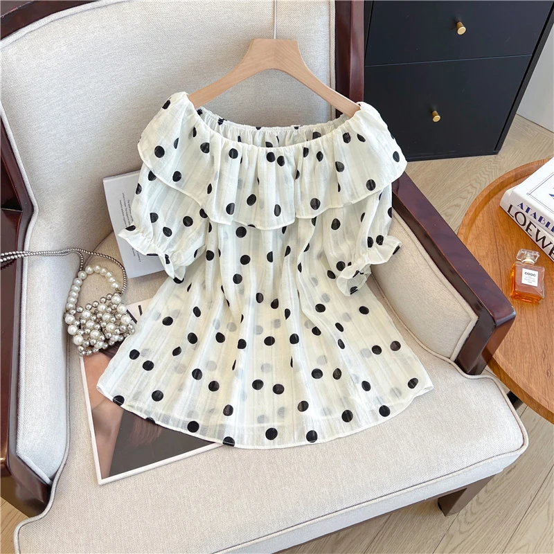 

Polka Dot Ruffles Shirt Women Summer Sexy Slash Neck Chiffon Tops Korean Fashion Harajuku Chic Loose Female Short Sleeve Blouse
