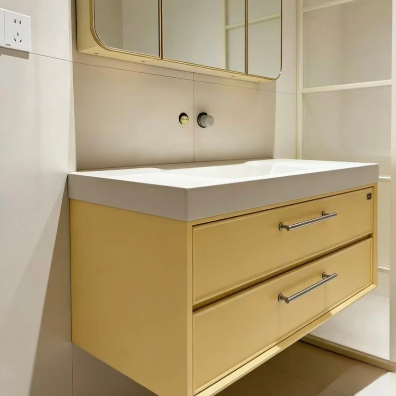 Cream wind bathroom cabinet combination, rock slab hot bending integrated basin oak paint washing table, washbasin cabinet