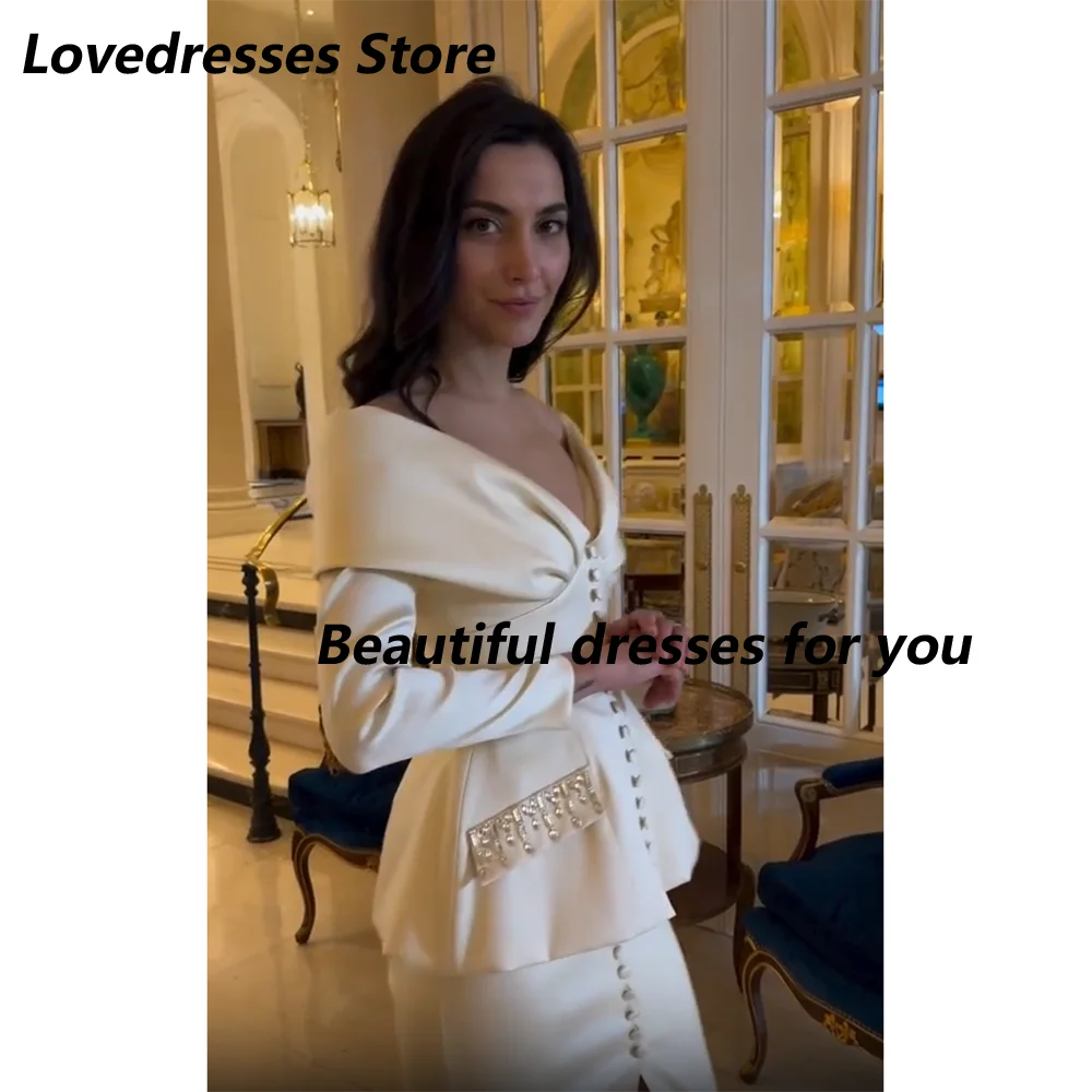 Elegant Off Shoulder Evening Dress Long Sleeves Button Crystal Tea Length Mermaid Prom Gown Midi Formal Party Dresses Customized