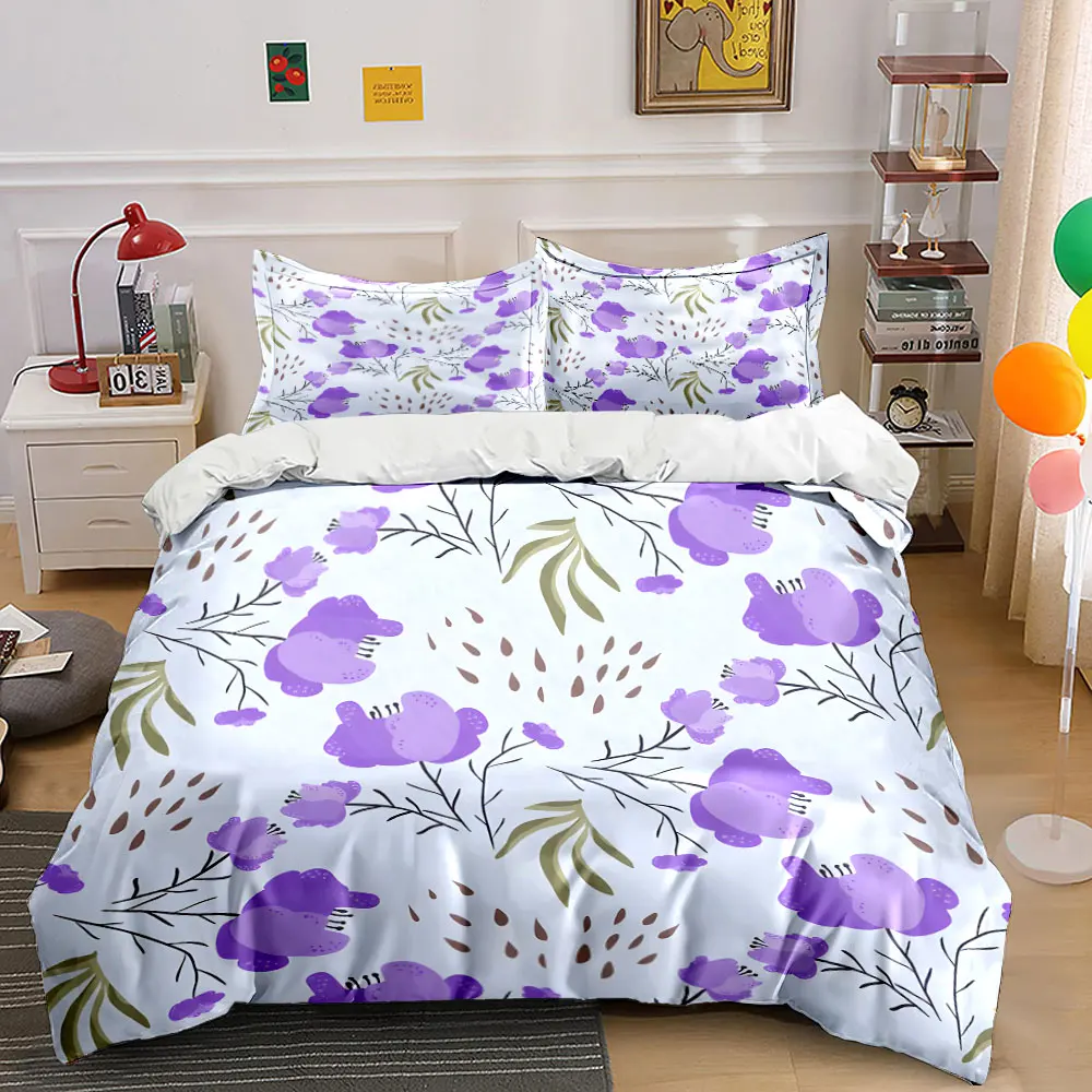 Purple flowers with green leaf design Print Soft Comfortable Duvet Cover Bedding Set Included 1*Duvet Cover 2*Pillowcases
