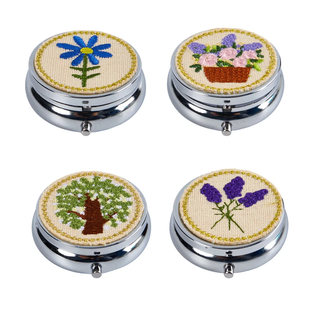 Embroidered Flowers Portable Round Waterproof Pill Tablet Metal Pill Box Medicine Case Light-weight Holder Container Travel Home