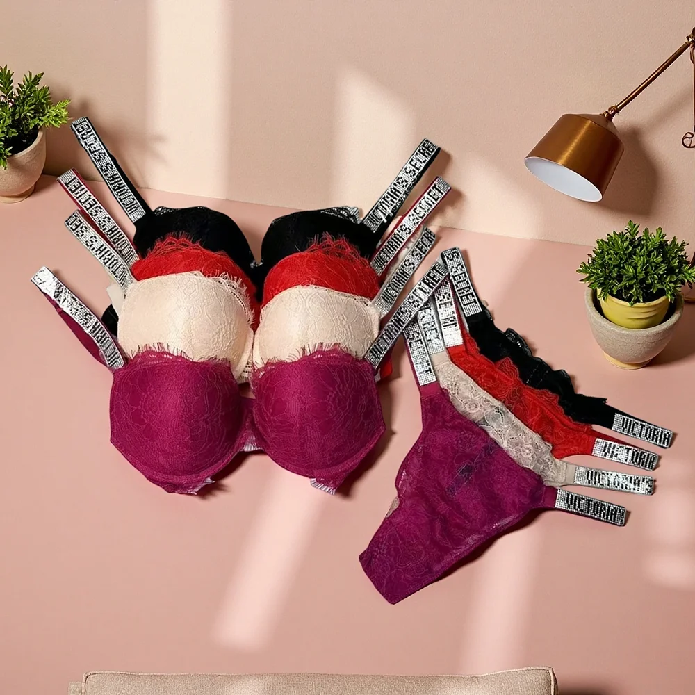 Nouvel ensemble soutien-gorge et culotte sexy Victoria's Secret pour femme – Confortable, push-up, gainant, ajustable, rembourré, froncé, en dentelle