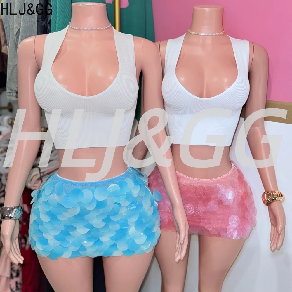 

HLJ&GG Y2K Summer Hot Girl Sequin Mini Skirts Two Piece Sets Women Sleeveless Slim Crop Top And Skirts Outfit Fashion Streetwear