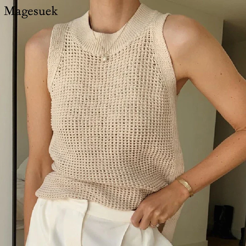 2023 Hollow Out Knitted Tanks Camis Vest Women Summer Sleeveless Tank Top Women Thin Basic Ice Silk Camisoles Tanks Female 14810