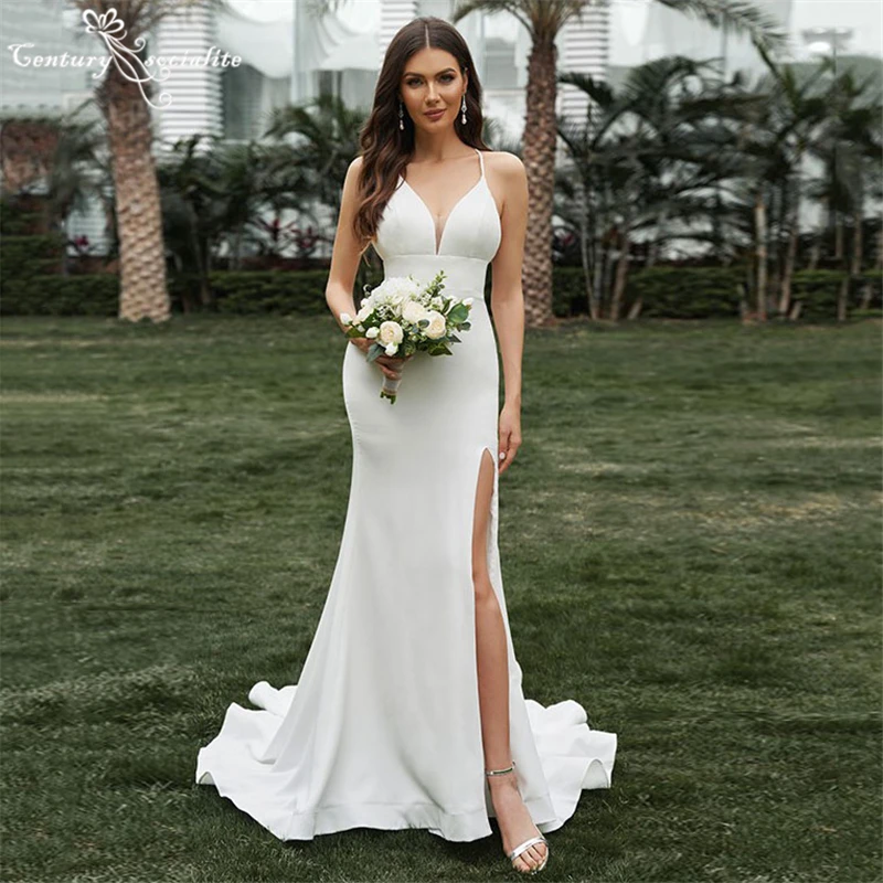 

Sexy Wedding Dress Mermaid Spaghetti Straps Backless High Slit Beach Bride Dresses Crepe Bridal Gowns Vestido De Noiva