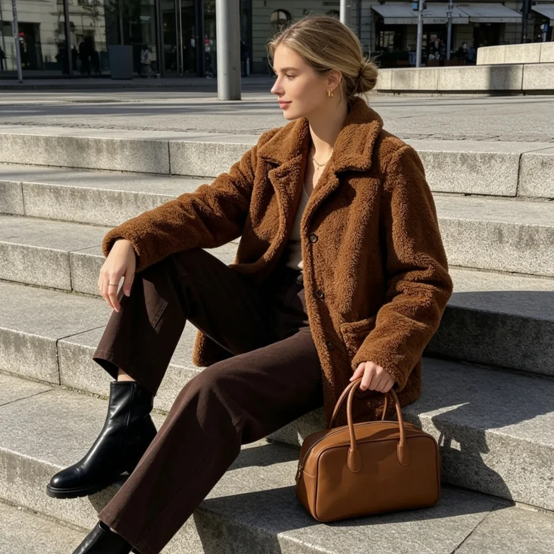Women Lapel Collar Short Sherpa Teddy Coat Button Front Fluffy Fuzzy Plush Jacket With Pockets Winter Casual Outerwear