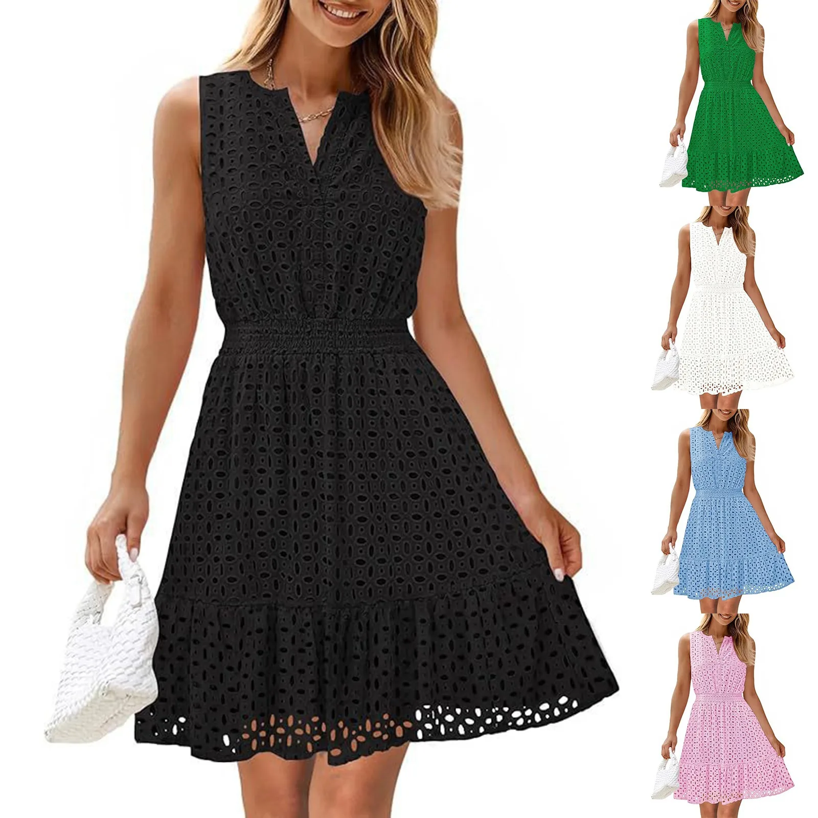 ชุดเดรสฤดูร้อนของผู้หญิงแฟชั่นลูกไม้กลวงคอวีสีทึบชุดลําลองแขนกุดสุภาพสตรีทุกวันชุดอเนกประสงค์ elbise