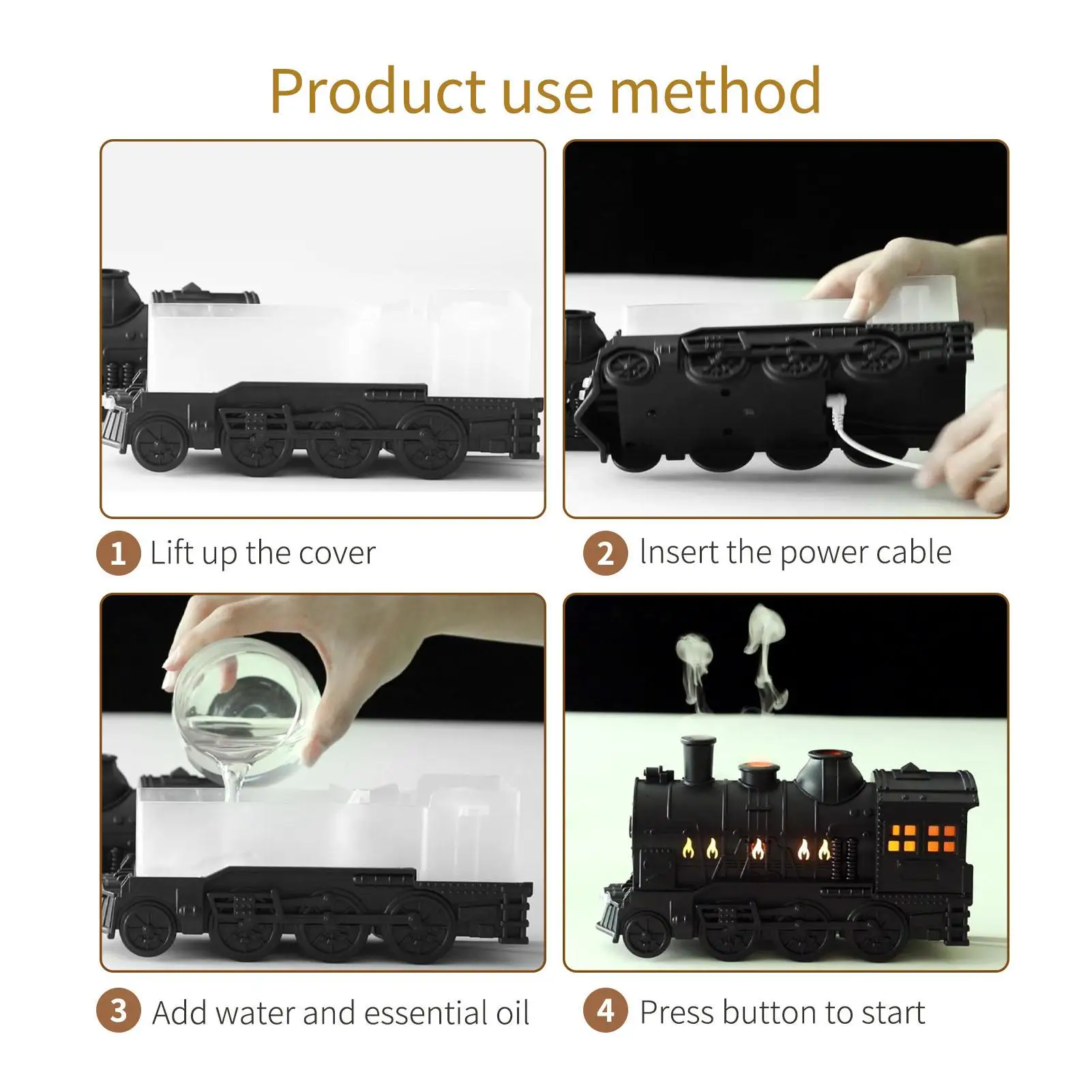 300ml Train-Shaped Essential Oil Diffuser 2 Lighting Modes Aromatherapy Cool Mist Humidifier with Remote for Bedroom & Office