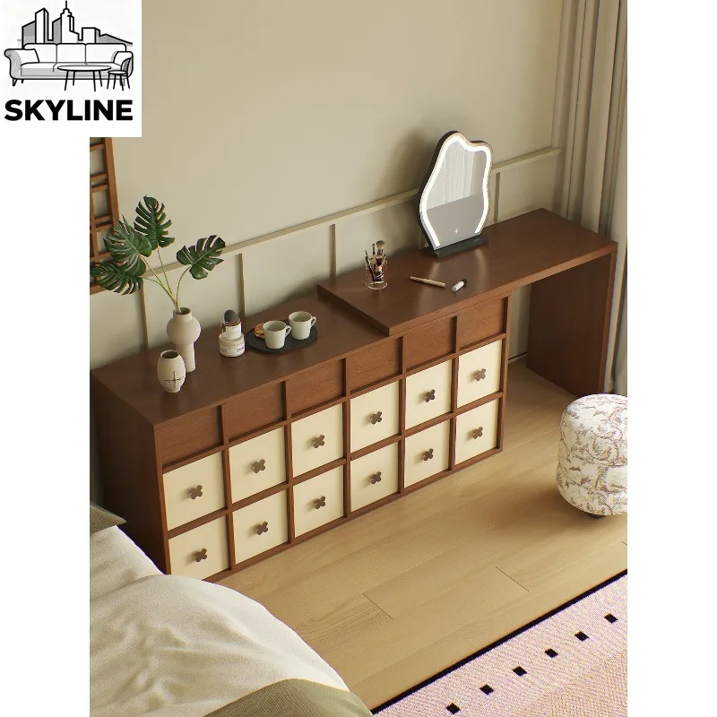 Vintage French Combination Makeup Chest, All-in-one Walnut Storage Nightstand for Household Bedroom Space