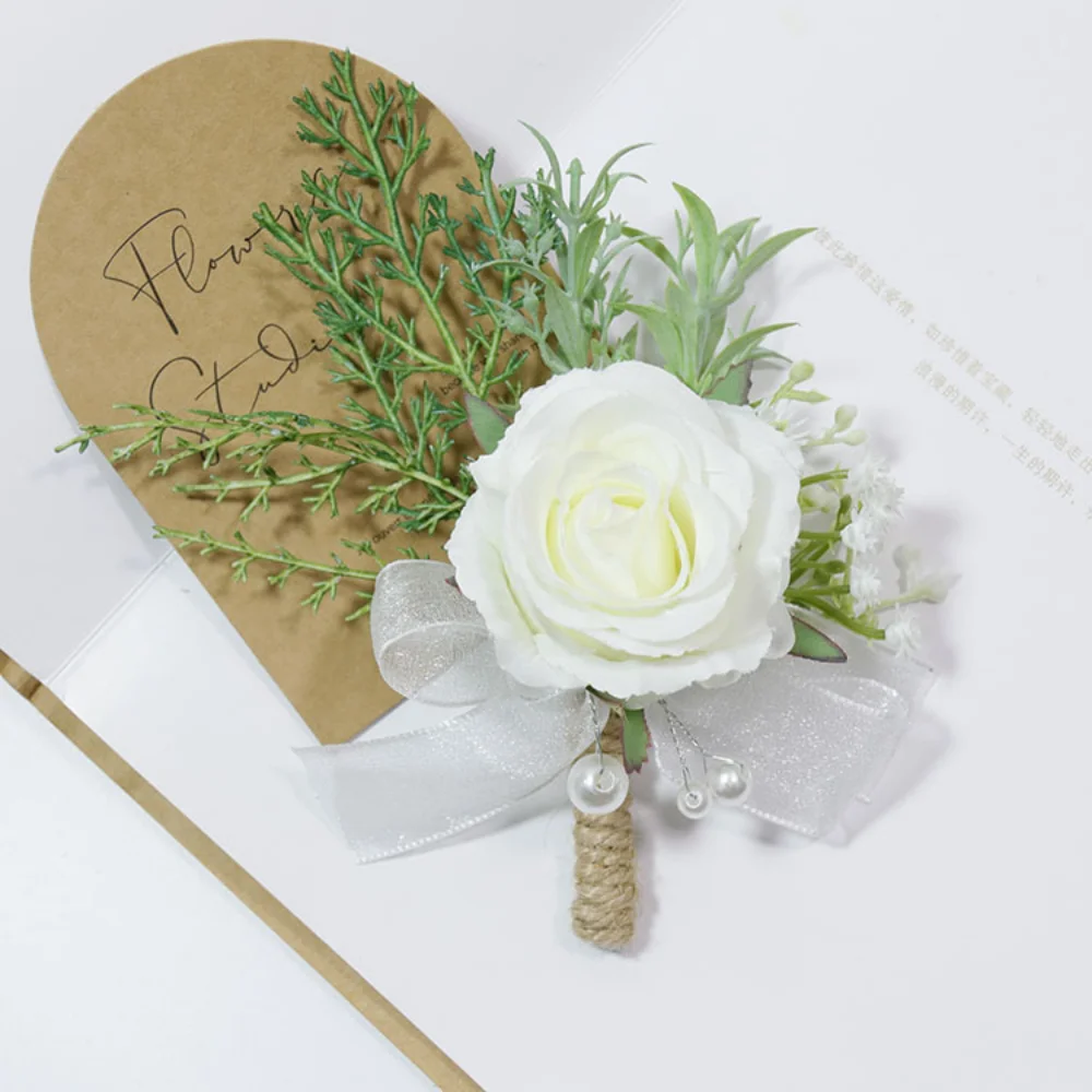 Mawar putih Boutonniere untuk pernikahan untuk pria pin bunga Corsage buatan gelang pengiring pengantin Buttonhole aksesoris Mariage