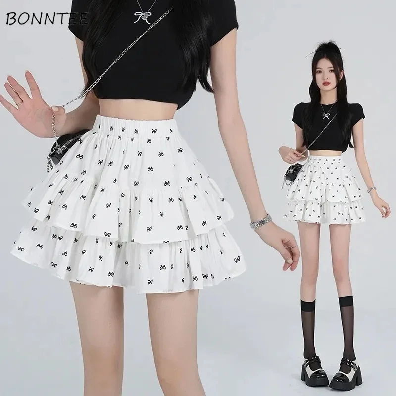 

Women Mini Skirts Bow Printed Sweet All-match Girls High Waist Faldas Fashion Ruffles A-line Y2K Temperament Seductive Ulzzang