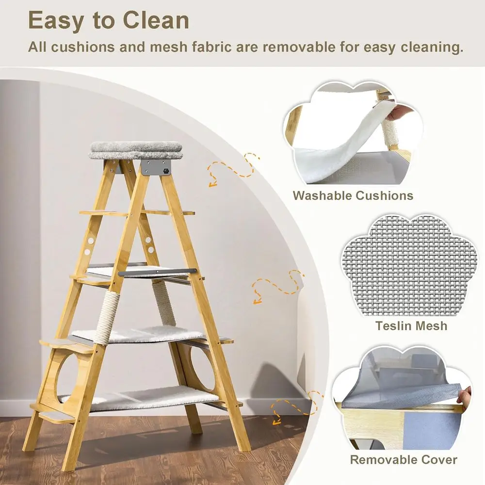 60인치 높이의 원목 캣타워, 해먹, 시잘 포스트, 간편한 청소 디자인