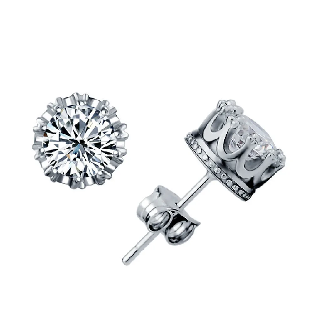 Glamor 925 Sterling Silver Luxury Crown Zircon Stud Earrings Women's Fashion Wedding Party Jewelry