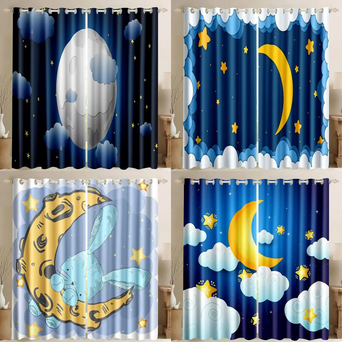 

2pcs Custom Cartoon Thin Curtains, 3D Stars Moon Clouds Print Window Curtains for Boy Children's Bedroom Living Room 2023 New