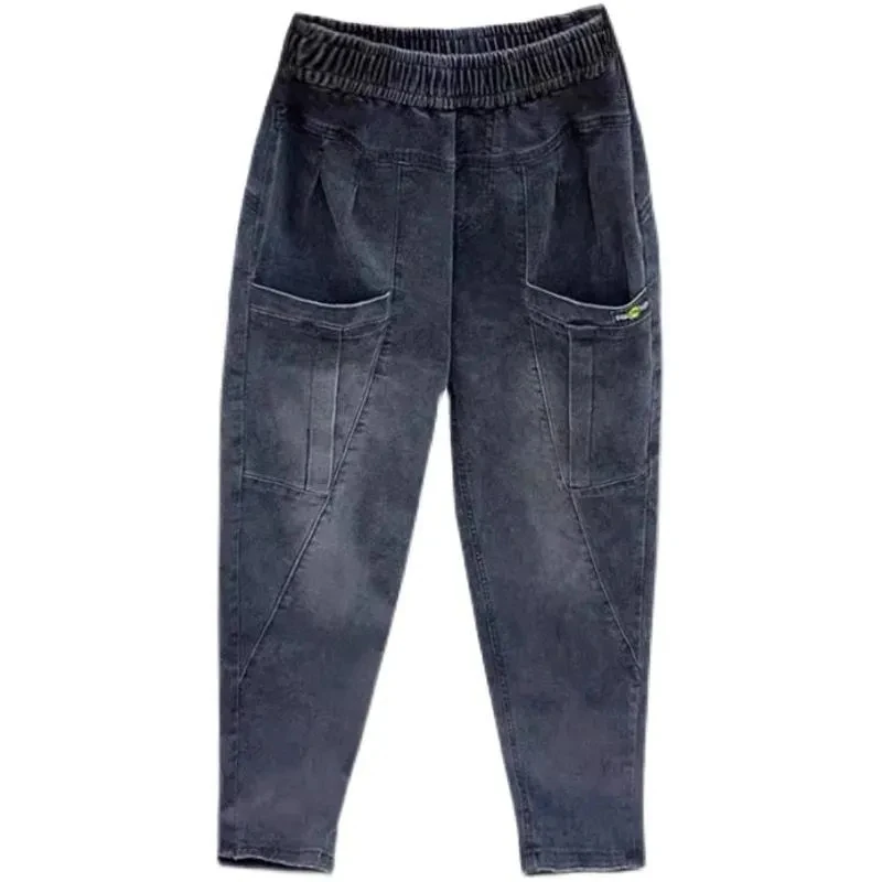 Women\'s Jeans Spring Korean Style Loose Harem Pants Office Ladies Streetwear Blue Elastic Bleach Spliced Denim Pants