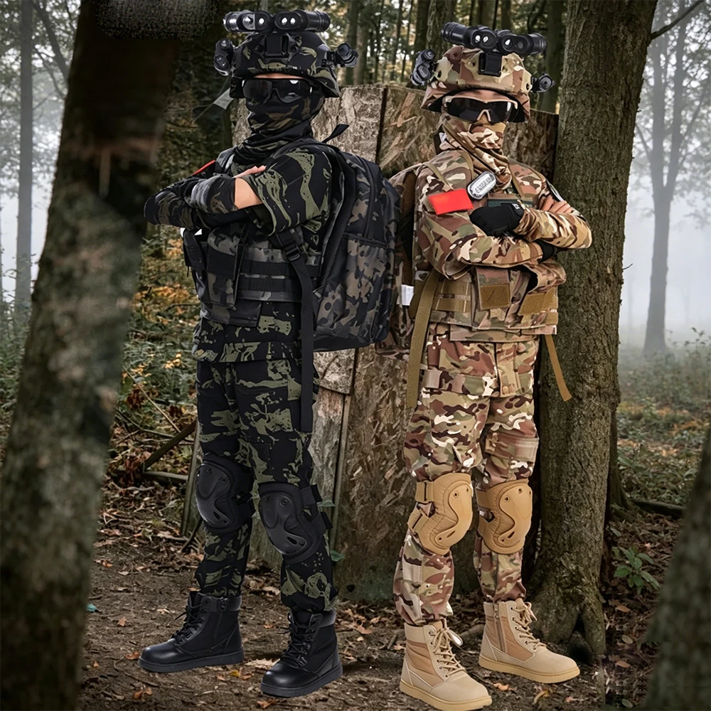 Kids Tactical Camo Suit Boys Girls Children's Day Performance Costume Short Sleeve Cargo Suit for Cosplay Role-Play Activities