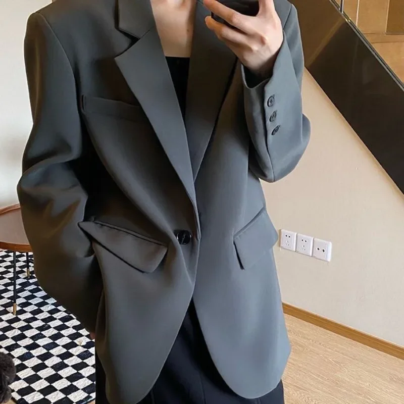 Female Korean Autumn Spring 2024 New Women Oversize Coat Small Fellow Loose One Button Suit Solid Color Suit Commuting Jacket