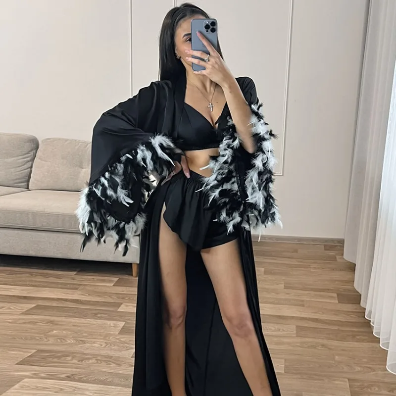 

Женская одежда для дома, черный атласный кардиган со шнуровкой, ночная рубашка, шорты на подтяжках, комплекты из 3 предметов, акценты с перьями для Европы и Америки