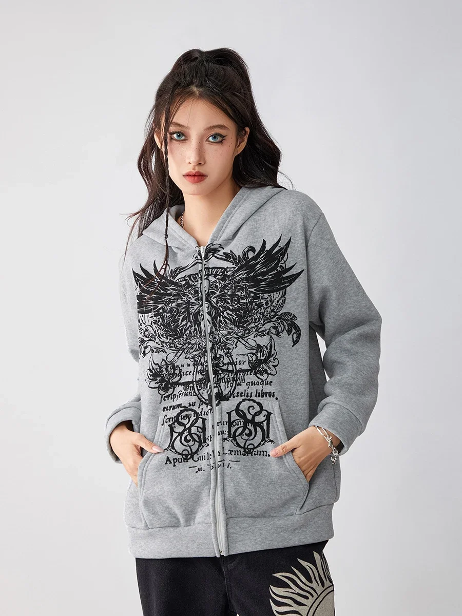 Halloween Women Oversized Full Zip Hoodies Fashion Vintage Wings Print Long Sleeve Oversized Sweatshirts Jackets with Pockets