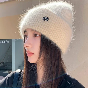Gorro de invierno suave y cálido de Angora 2024 para mujer, gorros de piel de conejo, gorro de punto esponjoso, gorro femenino de diseñador para mujer