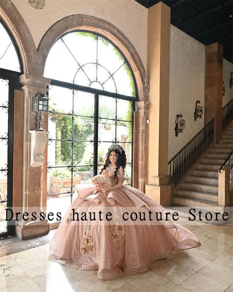 

Mexico Champagne Tulle Beaded Quinceanera Dresses 2025 Lace Appliques Ruffles Sweet 16 Dress Birthday Dress Customized