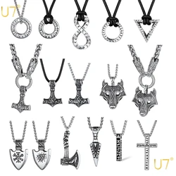 U7 Nordic Viking Necklaces for Men Mobius Infinity Triangle Bar Corss Wolf Hammer Axe Pendant & Wax Cord /Chain Stylish Jewelry