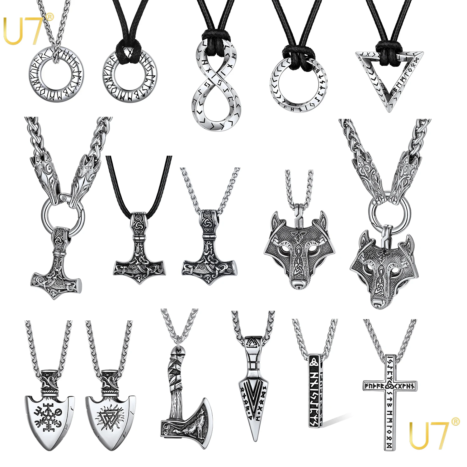 U7 Nordic Viking Necklaces for Men Mobius Infinity Triangle Bar Corss Wolf Hammer Axe Pendant & Wax Cord /Chain Stylish Jewelry