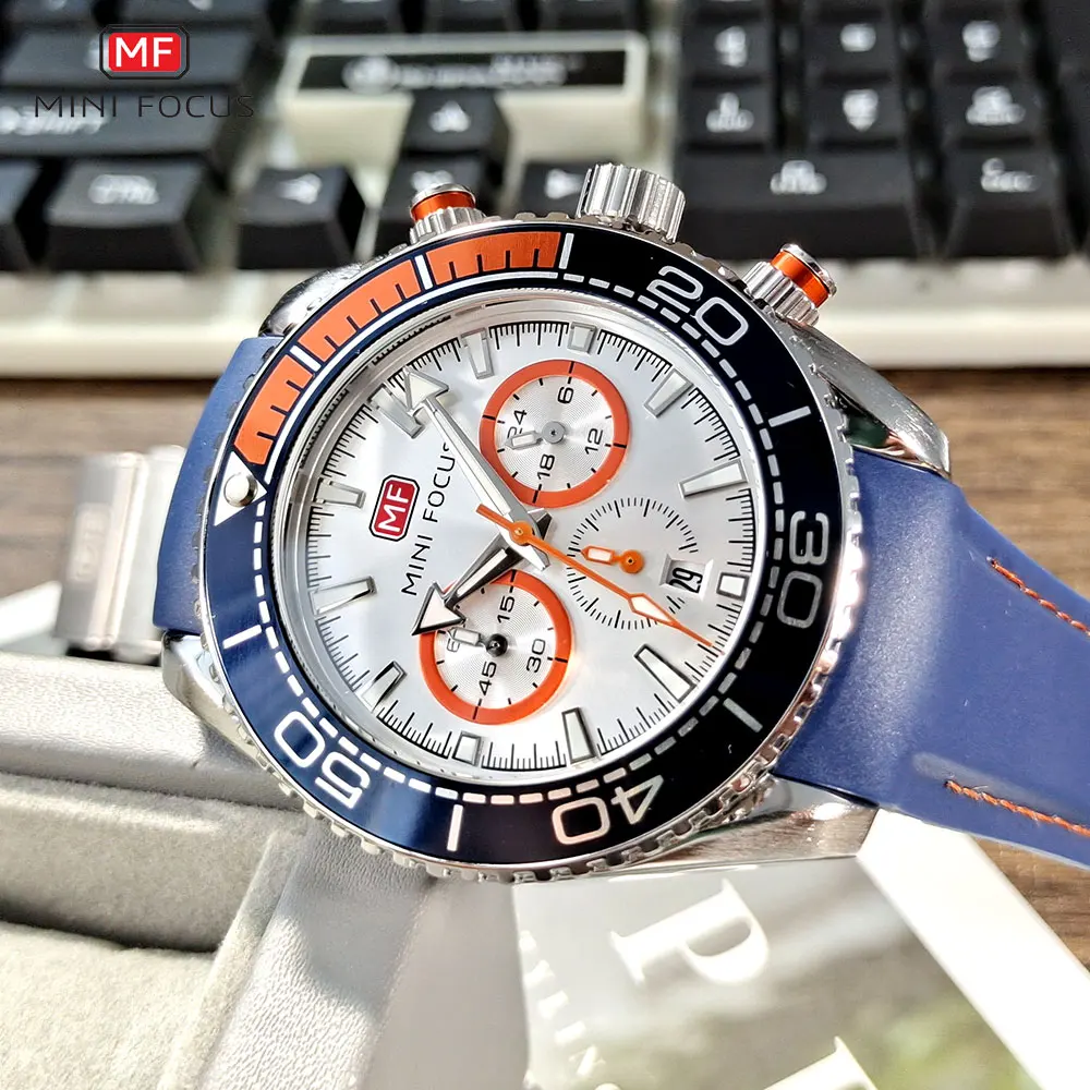 MINI FOCUS NEW Chronograph Quartz Watches for Men Fashion Sport Wristwatch with Auto Date 24-hour Indicator Blue Silicone Strap