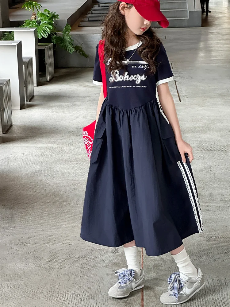 女の子綿サマードレス半袖パッチワークスカートハイウエスト韓国スタイル子供おしゃれ服ポリエステル繊維