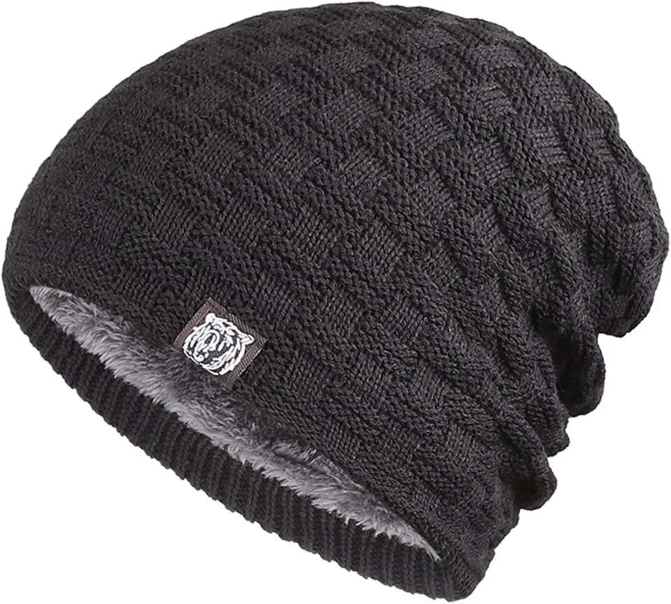 Mens Plush Lining Beanie Winter Hat Outdoor Sports Keep Warm Knitted Skully Hat Cycling Camping Cap Cold Weather Gear, image 9