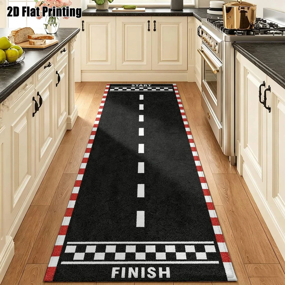 1Pc Racing Track Themed Printed Long Carpet, Black and White Track Pattern Corridor Carpet, Suitable for Kitchen, Bedroom, Foyer, Balcony, Entrance, Bedside, Fun Decoration, Home Soft Decoration