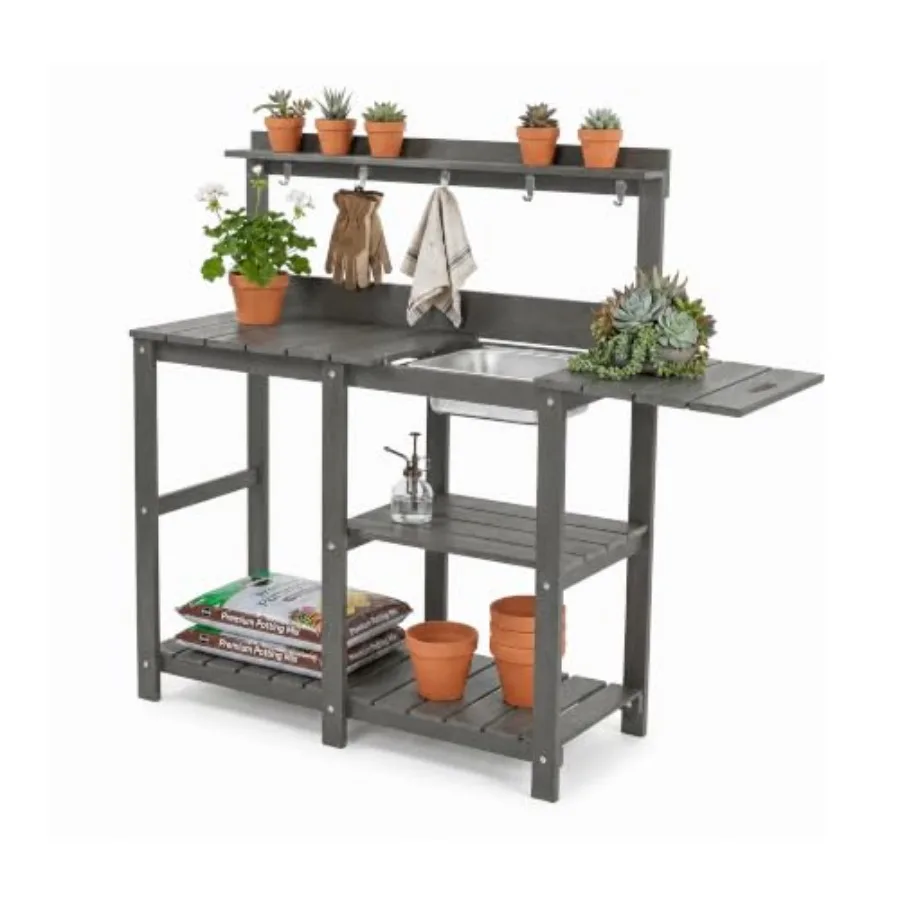 Weather-Resistant Outdoor Potting Bench Table - HDPE Top - Metal Basin Basin - Expandable Sliding Tabletop - Storage Shelves an