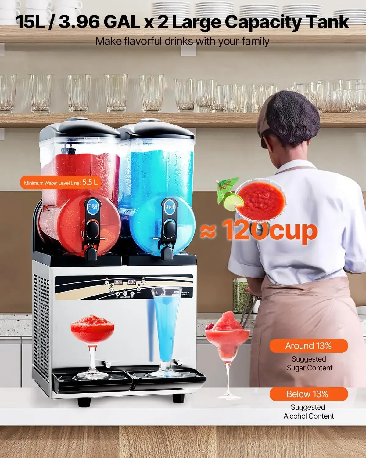 Commercial Slushy Machine 15Lx2 Double Tank Margarita Machine 120 Cups Stainless Steel Margarita Smoothie Frozen Drink Machine