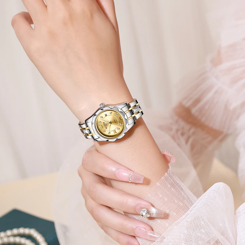 Relojes elegantes de lujo para mujer, reloj de pulsera pequeño de cuarzo, luminoso, resistente al agua, con fecha, reloj de pulsera de acero inoxidable para mujer