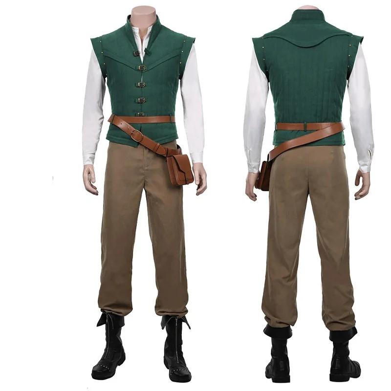 Picture 4: Flynn Rider Cosplay Costume Green Sleeveless Waistcoat Shirt Belt Bum Bag Khaki Trousers Glamorous Outfit Halloween Carnival