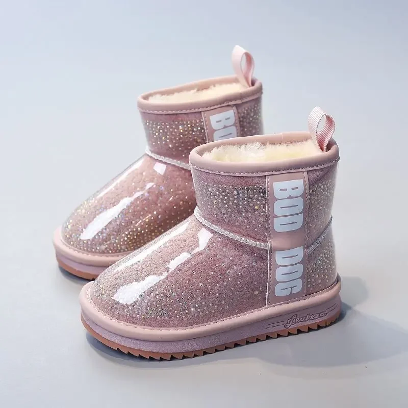 Children's Waterproof Non-slip Leather Boots Stylish and Shiny Kids Winter Fur Warm Shoes Girls' Plush and Thickened Snow Boots