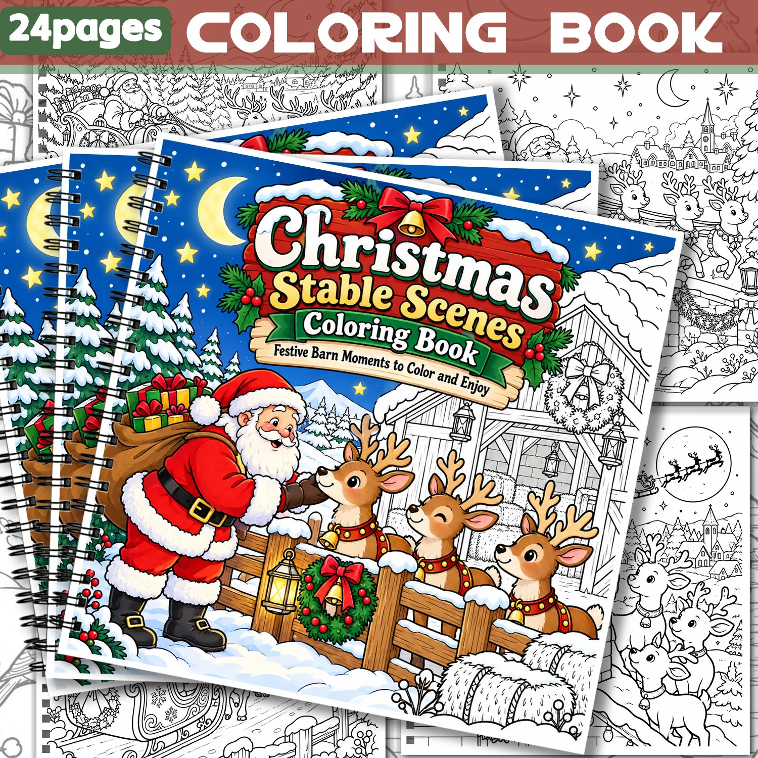 Christmas Stable Scenes Coloring Book Spiral Bound 24Pages Showcasing Creativity & Relieving Stress Design Relaxing Body Mind