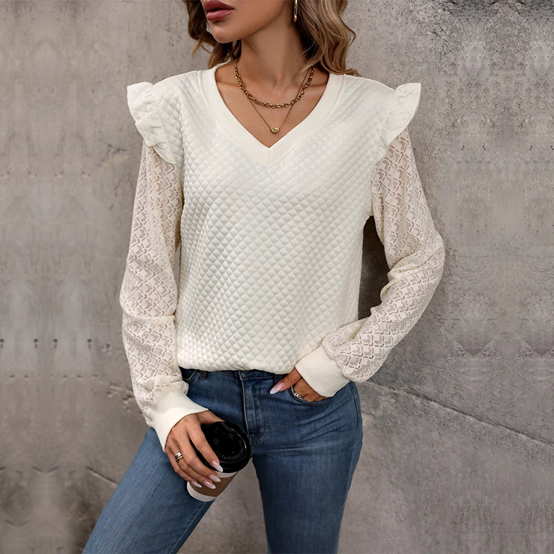 

Women's creamy-white Lace Sleeve Ruffle V-Neck Sweatshirt Casual Textured Knit Long Sleeve Pullover Top