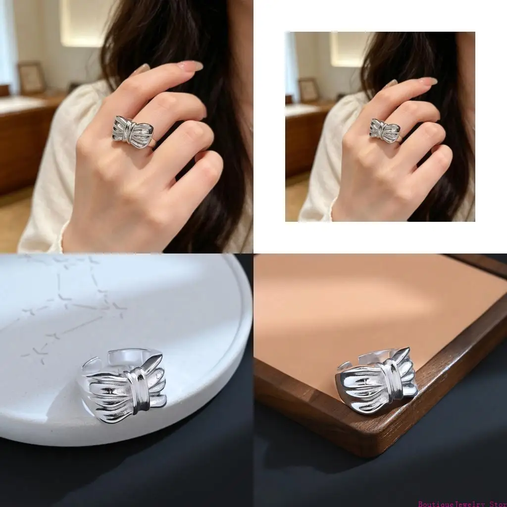E1PE Fashionable Wide Band Bowknot Rings Featuring Unique Ruffled Texture And White Copper Materials