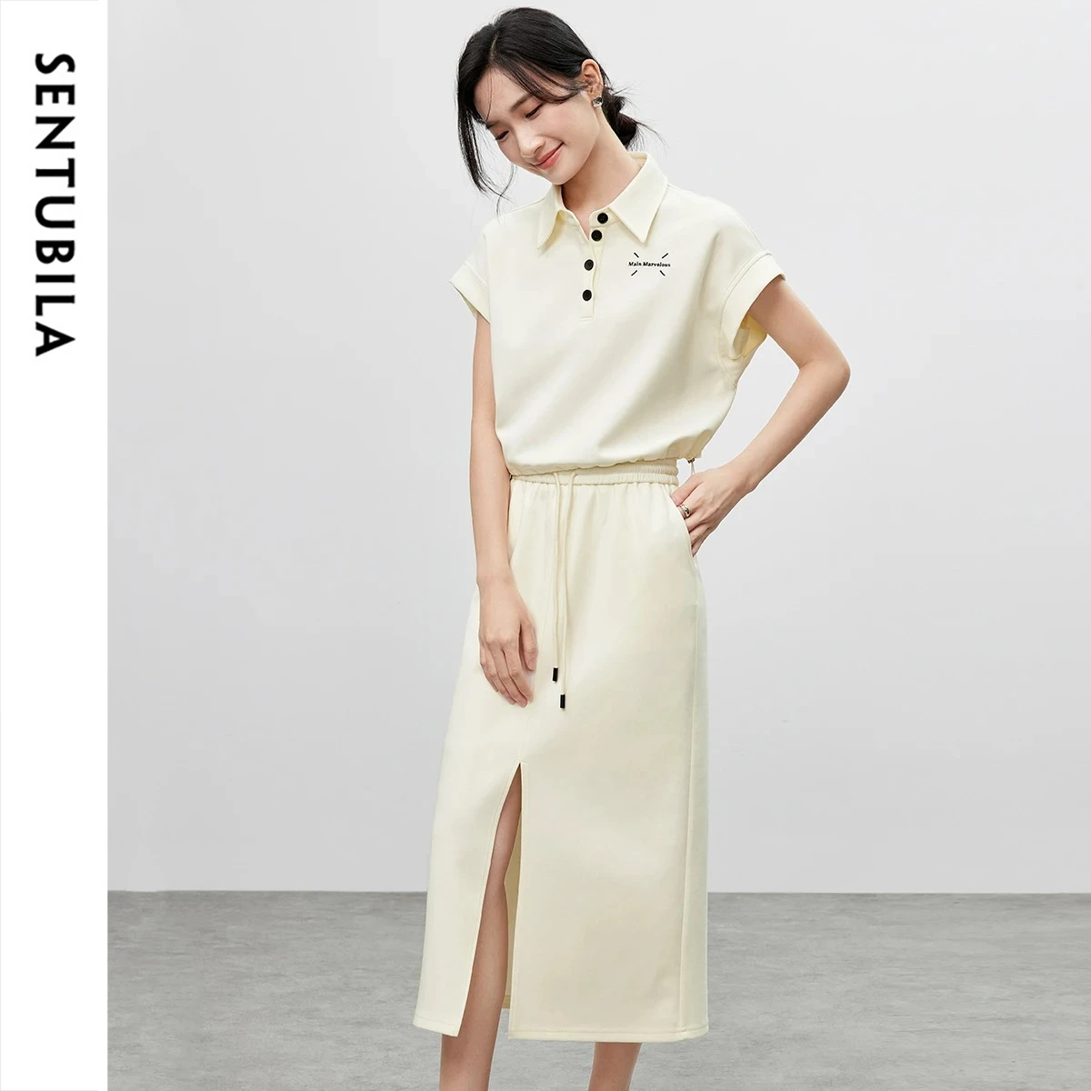 SENTUBILA Casual Summer Knit Skirt Outfits Women Embroidered Lapel Collar Tee Drawstring Waist Split Skirt 2-Piece Set 142Z54528