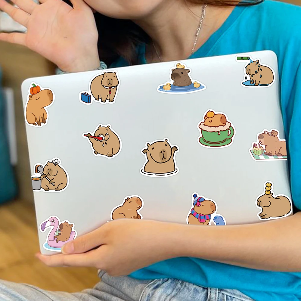 50 buah stiker Capybara kartun hewan lucu stiker grafiti untuk anak-anak DIY Laptop bagasi gitar Skateboard stiker buku tempel