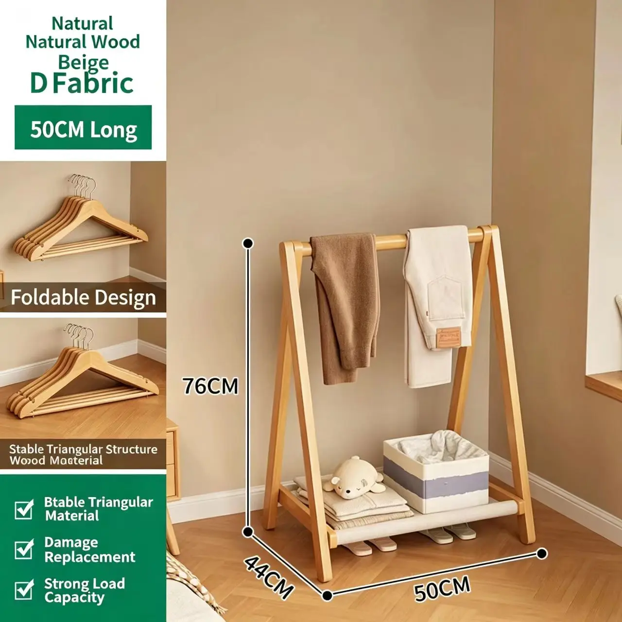 Foldable hanging rack, floor-standing unit for organizing and storing clothes beside the bed