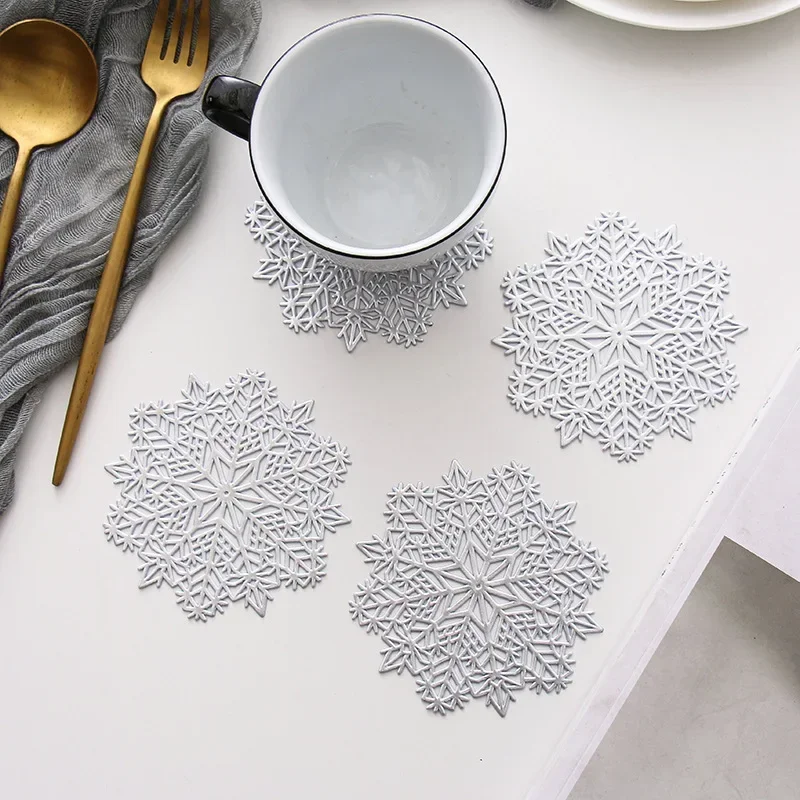 1pc Silver/golden Snowflake Hollowing PVC Coaster Coffee Cup Heat Insulation Pad Table Mat Christmas Decor Kitchen Accessories