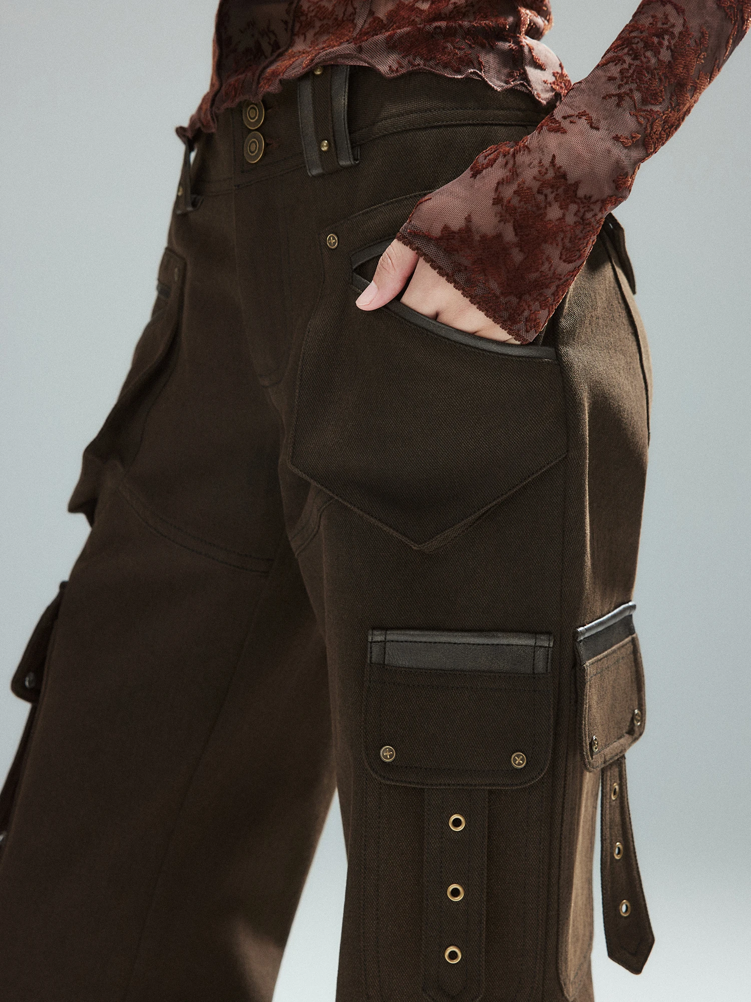 Low Waist Bell Bottom Pants Women's Coffee Color Slim Fit Leather Patchwork Multi Pocket Workwear Cotton Street Style