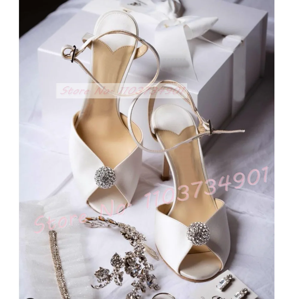 Pearl Crystals Peep Toe Sandals Women Ankle Strap Gretel Stiletto Shoes Lady Satin Sexy Elegant Chic Party Luxury Gems Sandals