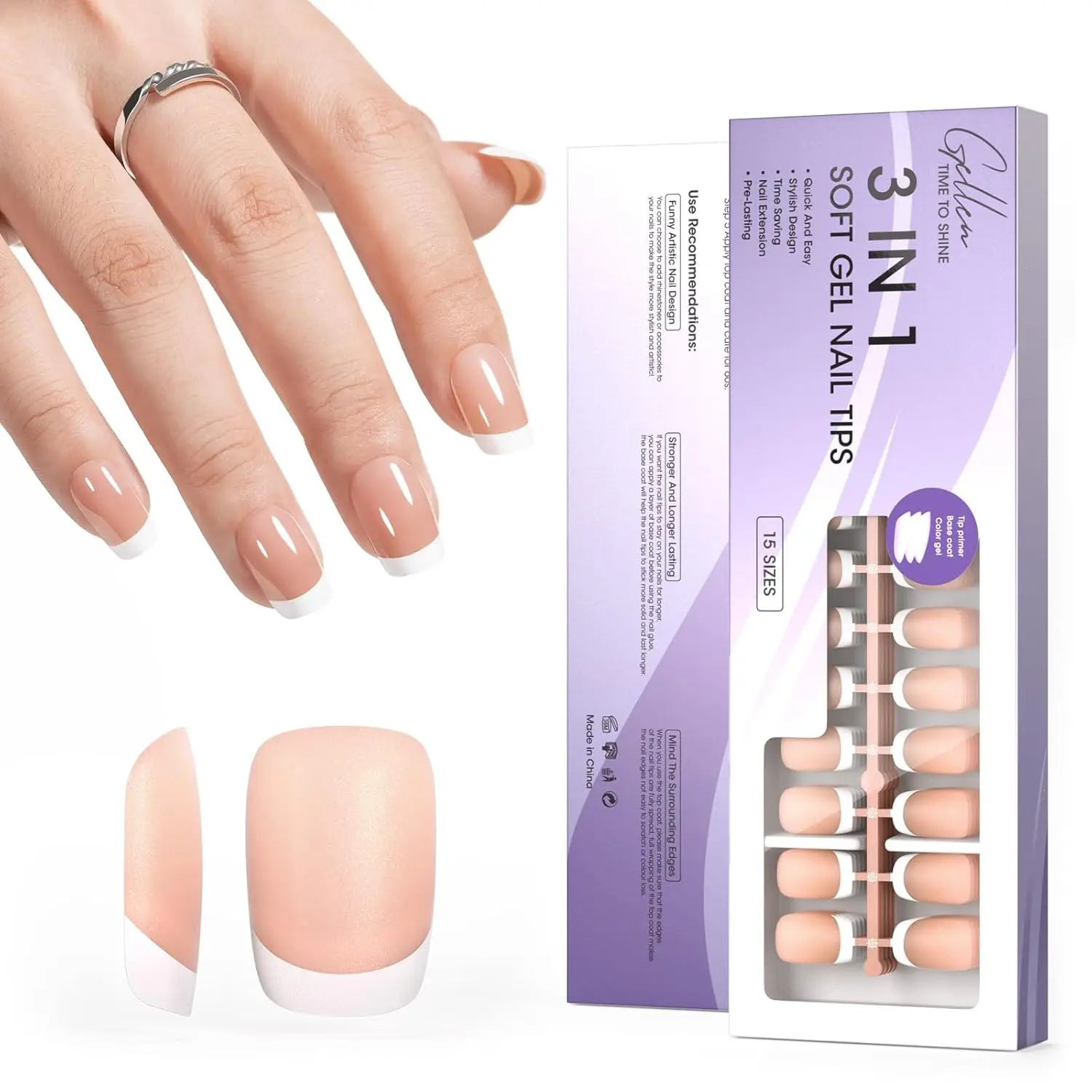 ジェレン コンプリート ジェルチップ プレスオンネイルキット フレンチチップ 150枚 アクリル ブラウン ショートスクエア 3 in 1 プレフレンチ 15サイズ 接着剤付き