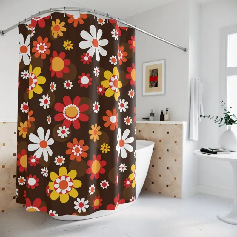 

Retro Groovy Hippie Daisy Boho Shower Curtain, Mid Century Modern Bathroom Decor, MCM Flower Power Bath Curtain