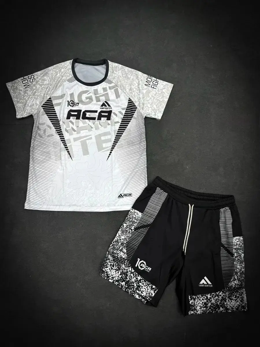 

2026 New ACA IAMFIGHTER Sports Set Men's Khaki Black Camo Graphic Rash Guard Top & Shorts Quick Drying MMA Training Combat Suit