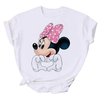 Kawaii Disney Karikatür Minnie Baskılı T Shirt Kadın Moda Mickey Mouse Beyaz Büyük Boy T Gömlek Kadın Giysileri Bayan T-shirt