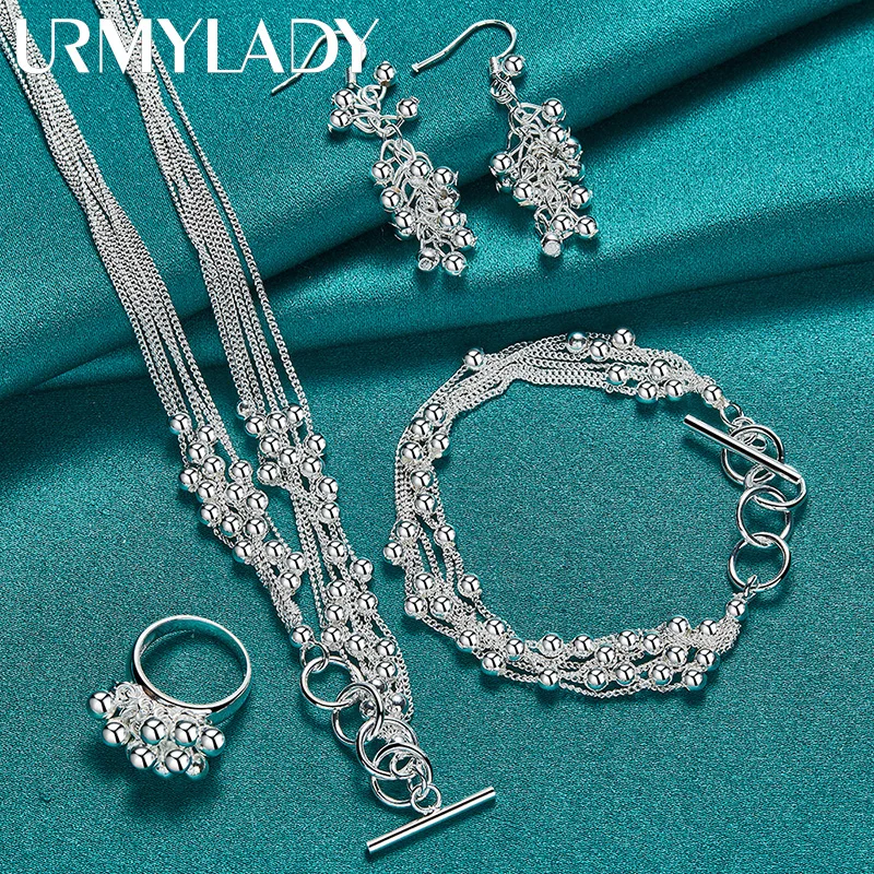 

URMYLADY 925 Sterling Silver Grape Bead Necklace Bracelet Earring Ring Jewelry For Women Wedding Party Fashion Sets Gift